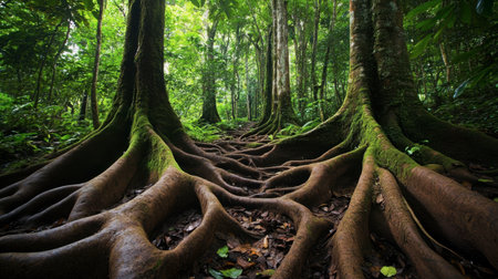 Explore the enchanting forest scene featuring intricate tree roots and vibrant greenery, showcasing the beauty of nature in a tropical landscape teeming with life.の素材