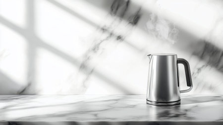 A sleek stainless steel electric kettle sits on a marble countertop, with steam gently rising, illuminated by soft natural light and casting elegant shadows. Perfect for modern kitchens.の素材