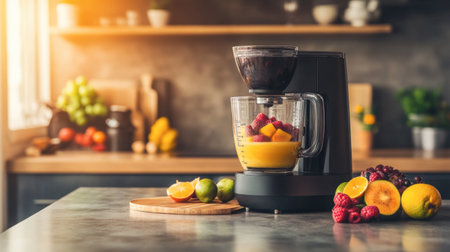 A sleek countertop blender filled with fresh fruits ready to create delicious smoothies and juices, surrounded by vibrant ingredients in a stylish kitchen setting.の素材