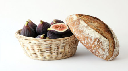 A beautiful presentation of fresh figs alongside a rustic loaf of artisan bread in a natural basket, highlighting the delightful essence of wholesome ingredients and culinary creativity.の素材