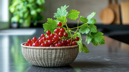 A stunning image of fresh red currants arranged in a woven basket, accompanied by green leaves, set against a blurred kitchen background, ideal for culinary and health-related projects.の素材