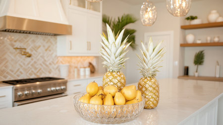 A bright kitchen featuring fresh pineapples and lemons in a decorative bowl, complemented by modern design elements and inviting lighting for a vibrant atmosphere.の素材