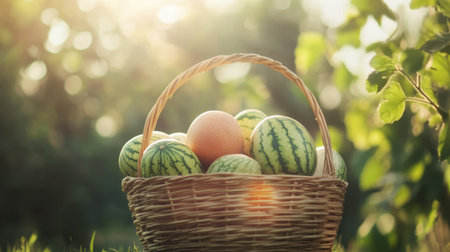 A beautiful rustic basket filled with fresh watermelons and melons rests in a sunlit garden, surrounded by lush greenery, showcasing the bounty of nature and summer harvest.の素材