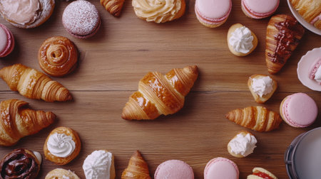 A vibrant assortment of pastries, featuring croissants and macarons, arranged artfully on a wooden table, perfect for presentations and culinary delights.の素材