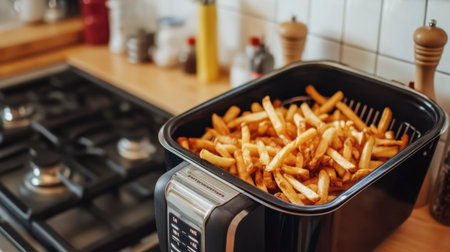 A basket filled with golden French fries in a deep fryer sits on a kitchen countertop, showcasing the essence of comfort food and culinary delight in a modern home setting.の素材