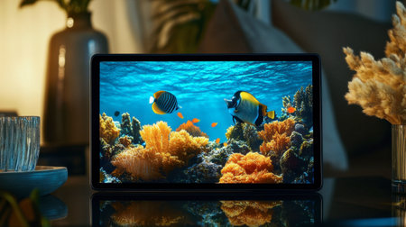 A stunning underwater scene showcases tropical fish swimming among bright coral reefs, beautifully displayed on a tablet, enhancing the living space with a serene ambiance.の素材