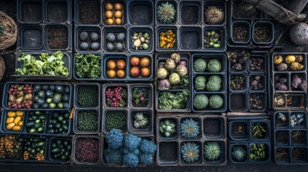 An overhead view of assorted fresh fruits and vegetables arranged in baskets, showcasing vibrant colors and textures in a rustic market setting, ideal for culinary inspiration.の素材
