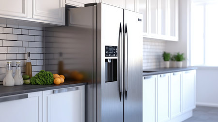 This image features a modern kitchen with a sleek stainless steel refrigerator, fresh produce, and a bright, stylish atmosphere, perfect for culinary inspiration.の素材