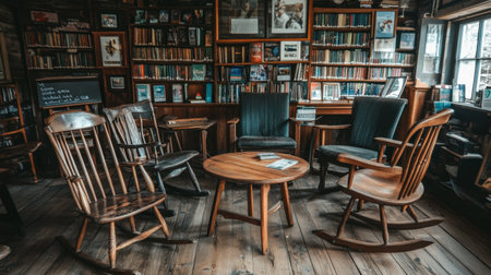 An inviting reading nook featuring rocking chairs and wooden decor, surrounded by bookshelves filled with literature, creating a warm and tranquil atmosphere for reflection.の素材