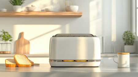 A stylish white toaster sits on a kitchen countertop, accompanied by toasted bread slices and a coffee mug, bathed in warm, natural light creating a cheerful ambiance.の素材