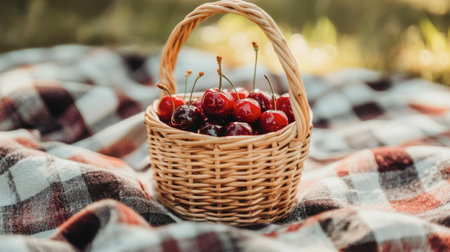 A charming scene featuring a wicker basket filled with bright cherries, placed on a classic plaid blanket, ideal for evoking summer vibes and outdoor enjoyment.の素材
