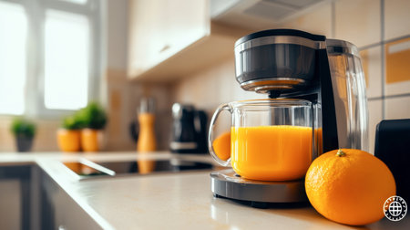 A vibrant kitchen scene featuring freshly squeezed orange juice in a glass jar beside an orange and a coffee machine, ideal for a refreshing morning start.の素材