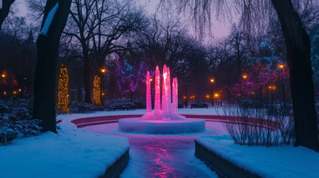 A captivating winter night scene showcasing a colorful fountain amidst a snowy park, surrounded by illuminated trees and soft ambient lights creating a serene atmosphere.の素材