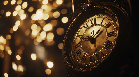 This stunning image features an antique clock with a golden face, adorned with intricate details, surrounded by sparkling bokeh lights, evoking feelings of nostalgia and elegance.の素材