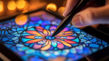 A close-up view of a hand using a stylus on a tablet to create a beautiful and colorful digital artwork, showcasing intricate geometric patterns in a cozy and illuminated space.の素材