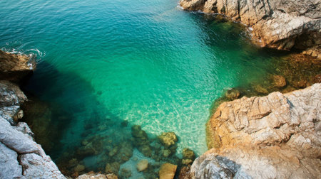 A stunning view of a tranquil coastal area showcasing clear waters and rocky formations, perfect for those seeking a peaceful escape into nature by the sea.の素材