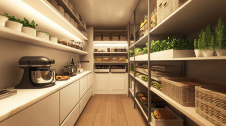 Discover a modern pantry designed for efficiency, featuring spacious white shelves filled with neatly arranged food items and vibrant greenery enhancing the kitchen's aesthetic appeal.の素材