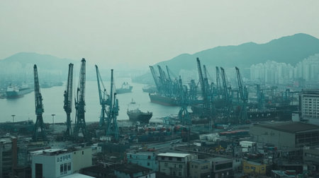 A misty industrial harbor filled with cranes and ships showcases maritime activity against a backdrop of mountains and urban structures, illustrating economic life.の素材