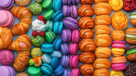 A vibrant selection of pastries and macarons arranged beautifully, showcasing a spectrum of colors and textures, perfect for dessert lovers and food photography enthusiasts.の素材