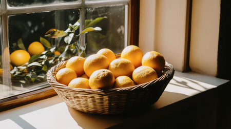 A vibrant arrangement of freshly harvested lemons in a wicker basket on a sunny windowsill, showcasing a cozy and warm atmosphere with greenery visible outside.の素材