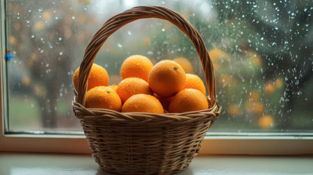 A charming basket filled with fresh oranges sits on a windowsill, framed by rain-soaked glass, creating a cozy atmosphere full of warmth and comfort. Perfect for food and nature themes.の素材