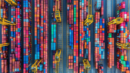 Vibrant aerial view of a busy port filled with colorful shipping containers and cranes, illustrating the intricate workings of global cargo logistics and transportation activities.の素材