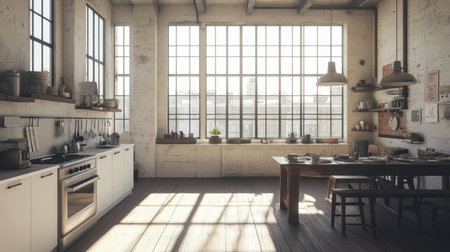 Bright and spacious modern kitchen featuring large windows, rustic decor, and natural light creating a cozy and inviting atmosphere ideal for cooking and dining.の素材