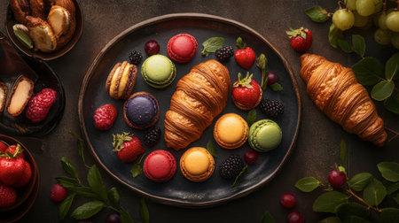 This captivating image showcases an assortment of fresh pastries, including vibrant macarons and flaky croissants, surrounded by luscious berries, evoking a sense of gourmet indulgence.の素材