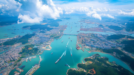 Stunning aerial view captures a coastal city bustling with maritime activity, featuring vibrant waters, lush islands, and a radiant sky full of fluffy clouds. Perfect for travel themes.の素材