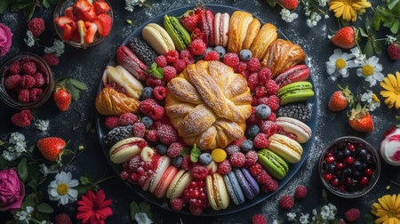A stunning display of assorted pastries and fresh fruits creates an inviting dessert arrangement, perfect for a celebration or event, showcasing vibrant colors and tempting treats.の素材