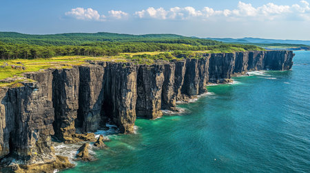 Breathtaking view of towering coastal cliffs meeting a sparkling blue ocean, surrounded by lush greenery under a clear sky, showcasing the beauty of nature and peacefulness of the environment.の素材