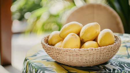 A vibrant scene showcasing fresh yellow lemons arranged in a woven basket on a lively tablecloth, surrounded by lush tropical plants, perfect for culinary inspirations.の素材