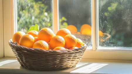 A beautiful arrangement of fresh oranges nestled in a woven basket, illuminated by sunlight streaming through a window, creating a warm and inviting kitchen atmosphere.の素材