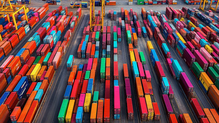 Vibrant aerial image showing numerous shipping containers stacked in organized rows at a busy port terminal, illustrating the dynamic nature of global freight logistics.の素材