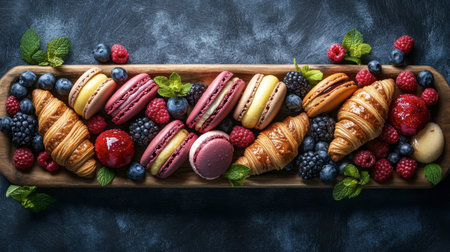 Indulge in this visually stunning display of colorful pastries and fresh berries on a wooden platter, garnished with mint leaves for a delightful dessert experience.の素材