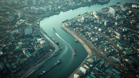 Captivating aerial view showcasing a vibrant urban landscape with a river, bustling ships, and city structures that emphasize the importance of water transportation in metropolitan settings.の素材