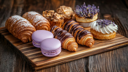 A beautifully arranged selection of exquisite pastries and desserts showcasing macarons, croissants, and gourmet sweets perfect for any occasion or celebration.の素材