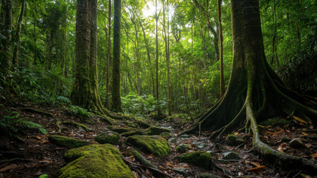 Immerse yourself in this captivating rainforest scene, featuring towering trees and vibrant greenery. Soft light filters through the foliage, creating a peaceful atmosphere.の素材