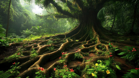 Experience the breathtaking beauty of an ancient tree with intricate roots in a serene forest, surrounded by colorful flowers and soft sunlight creating a tranquil atmosphere.の素材