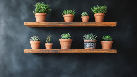 A beautifully curated display of potted succulents on wooden shelves, set against a dark wall, perfect for inspiring stylish home or office decor with a touch of nature.の素材
