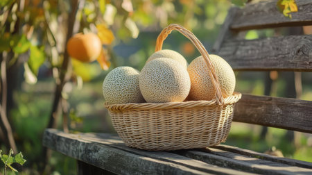 A beautiful scene featuring fresh melons in a rustic basket on a wooden bench, perfectly capturing the essence of organic produce in a serene garden setting.の素材