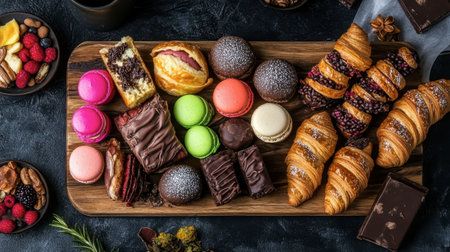 An enticing array of desserts featuring rich pastries, colorful macarons, and decadent chocolates displayed beautifully on a wooden platter, perfect for any occasion.の素材