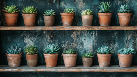 A serene display of succulent plants in terracotta pots arranged on rustic wooden shelves, offering a perfect blend of nature and home decor ideal for any living space.の素材