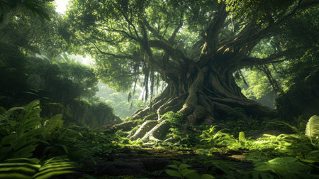 A stunning view of a majestic ancient tree with sprawling roots nestled in a lush green forest, showcasing nature's beauty and the serene environment of the wilderness.の素材