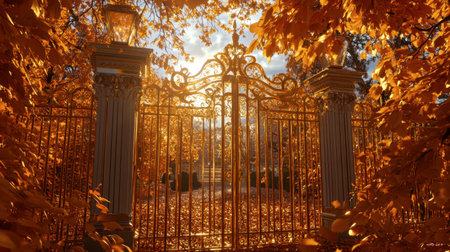 A stunning view of a golden gate surrounded by vibrant autumn leaves, with sunlight streaming through, creating a serene and inviting atmosphere in a tranquil forest landscape.の素材