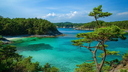 A breathtaking view of a tranquil coastline featuring clear turquoise waters, lush green trees, and a bright blue sky, ideal for travel and nature enthusiasts.の素材