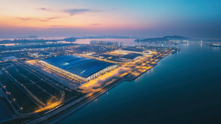 Stunning aerial shot of a busy shipping port illuminated at dusk, featuring cranes and warehouses reflecting on water, showcasing urban landscape and industry vibrant.の素材