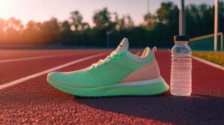 A bright green running shoe sits beside a water bottle on an outdoor track during sunset, showcasing a perfect blend of fitness, hydration, and active lifestyle elements.の素材