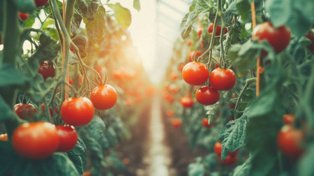 Vibrant red tomatoes hang from lush green vines in a greenhouse, bathed in soft sunlight, illustrating the beauty of growth and sustainable agriculture.の素材