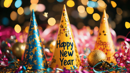 Festively adorned party hats in vibrant colors with shimmering details, surrounded by sparkling decorations, evoking a joyful celebration for the New Year festivities.の素材